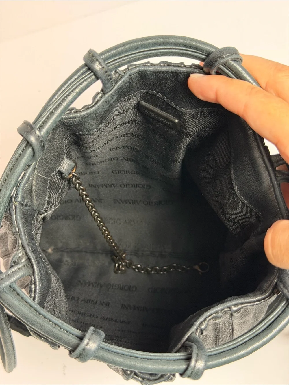 Giorgio Armani Drawstring Black Pleated Leather Bucket Bag